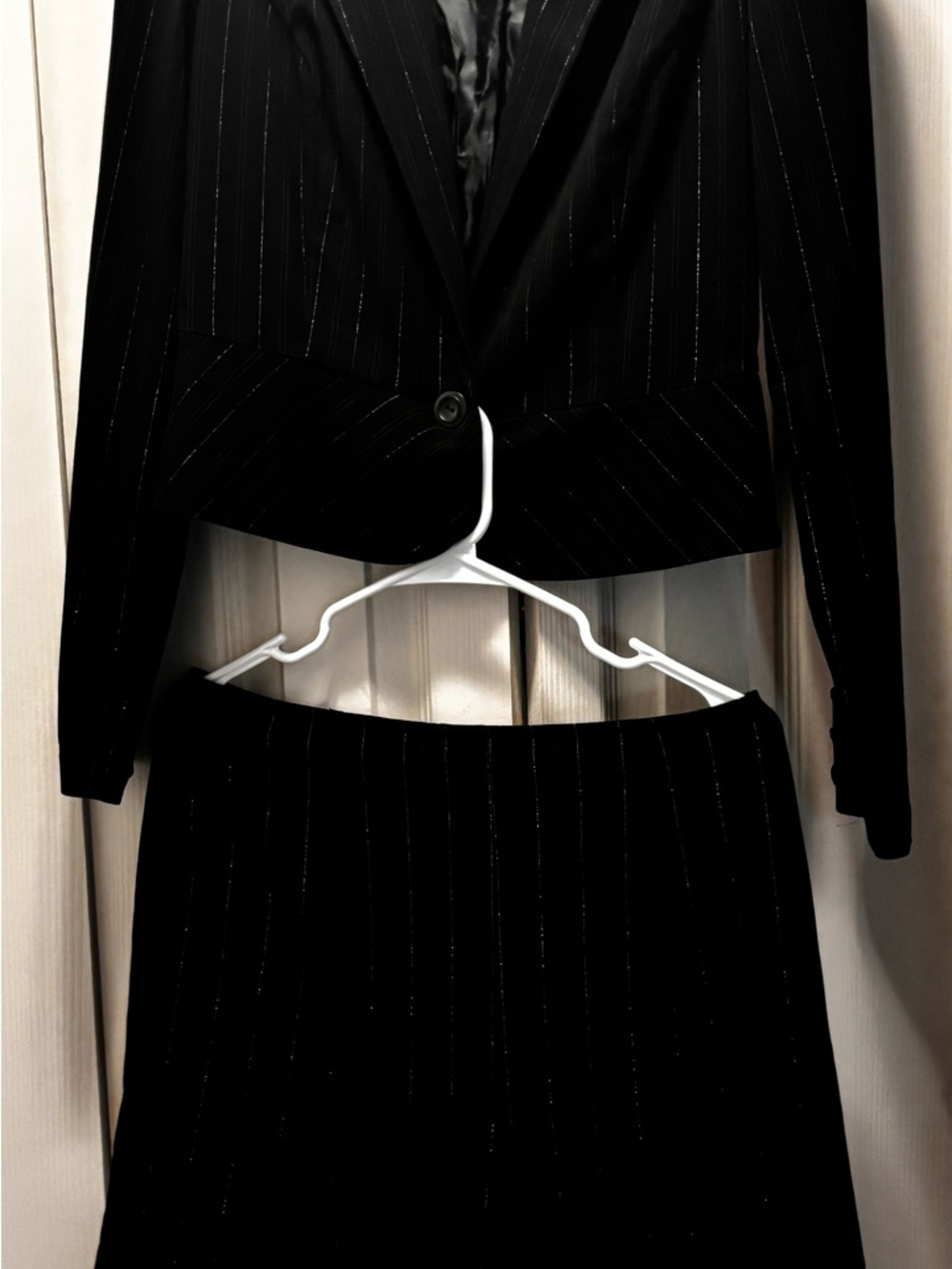 BCX Black Pinstripe Blazer and Skirt Set